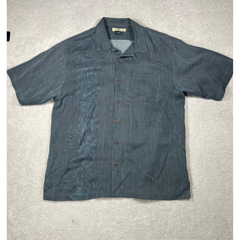 Tommy Bahama Mens Large 100%‎ Silk Blue Gray Embroidered Hula Girl Camp Shirt
